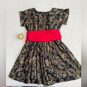 Tea Collection Black and Gold Floral Dress with Red Sash